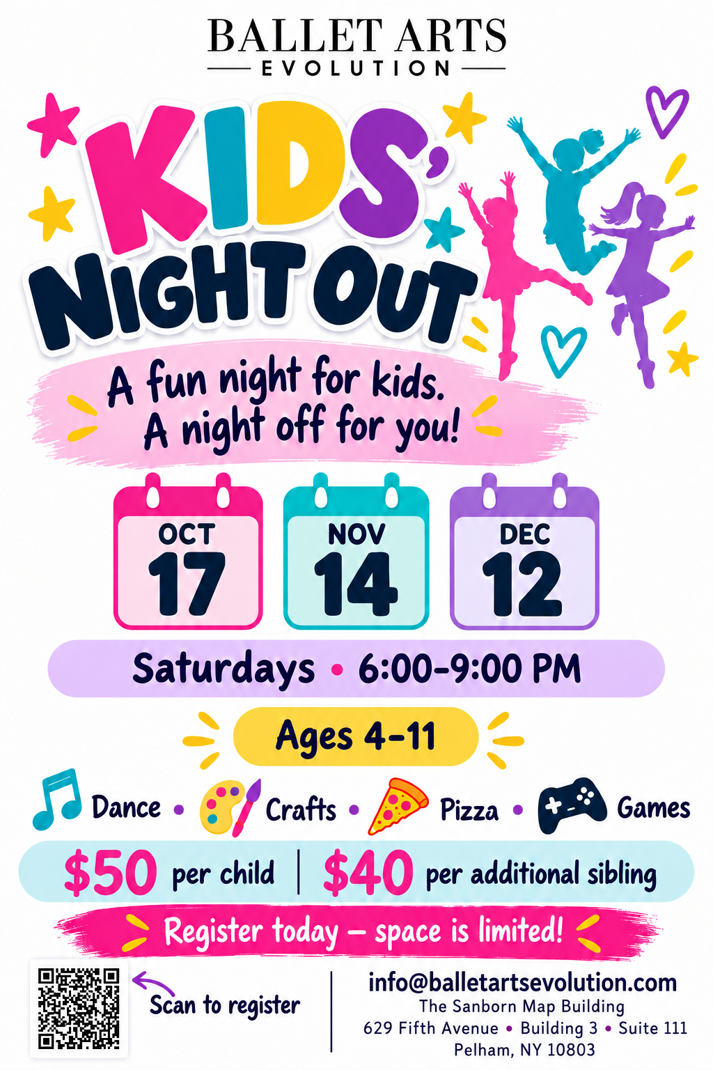 Kids' Night Out — Saturdays 6:00–9:00 PM, Ages 4–11, October 17, November 14, December 12