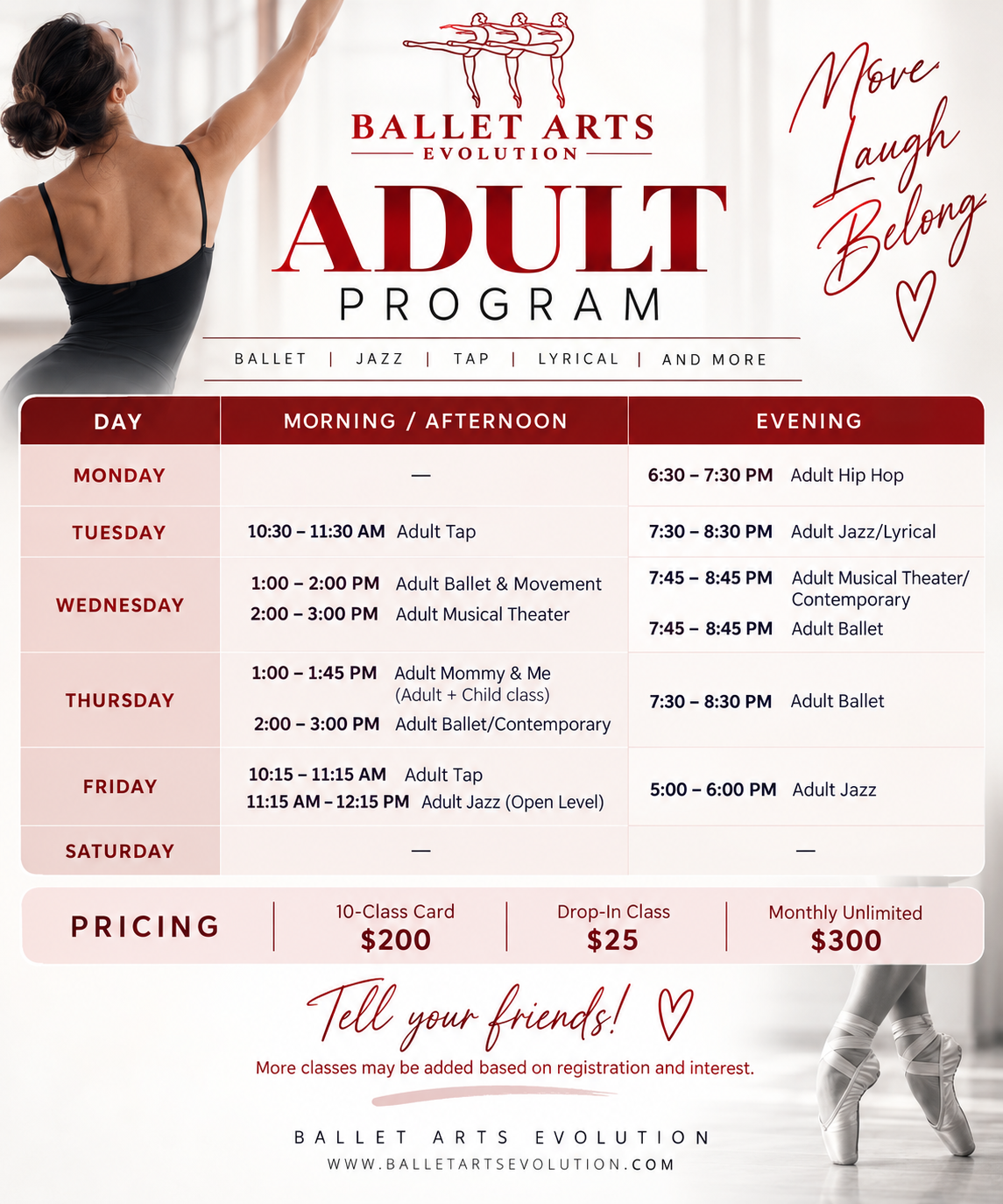 BAE Adult Program 2026–2027 class schedule: ballet, jazz, tap, lyrical, and more across Monday through Saturday with morning, afternoon, and evening sessions.